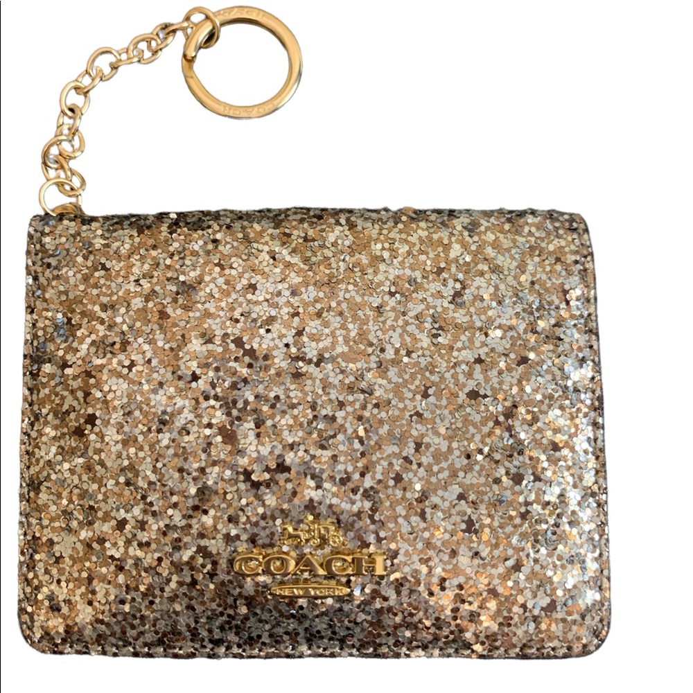 COACH Glitter Card Holder Keychain Mini Wallet Leather